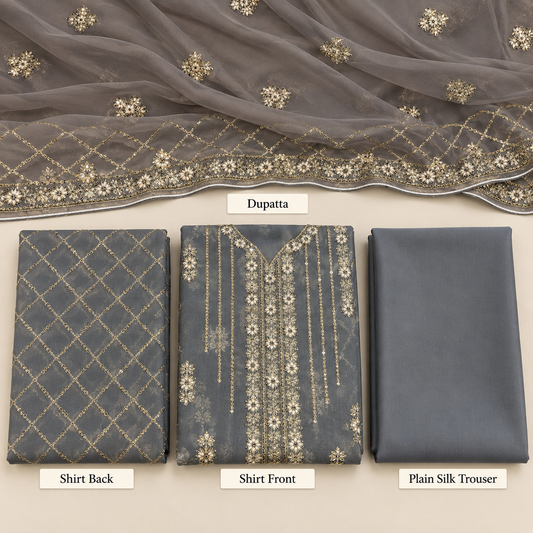 Charcoal Grey Golden Floral Embroidered Chiffon 3 Piece Unstitched Suit