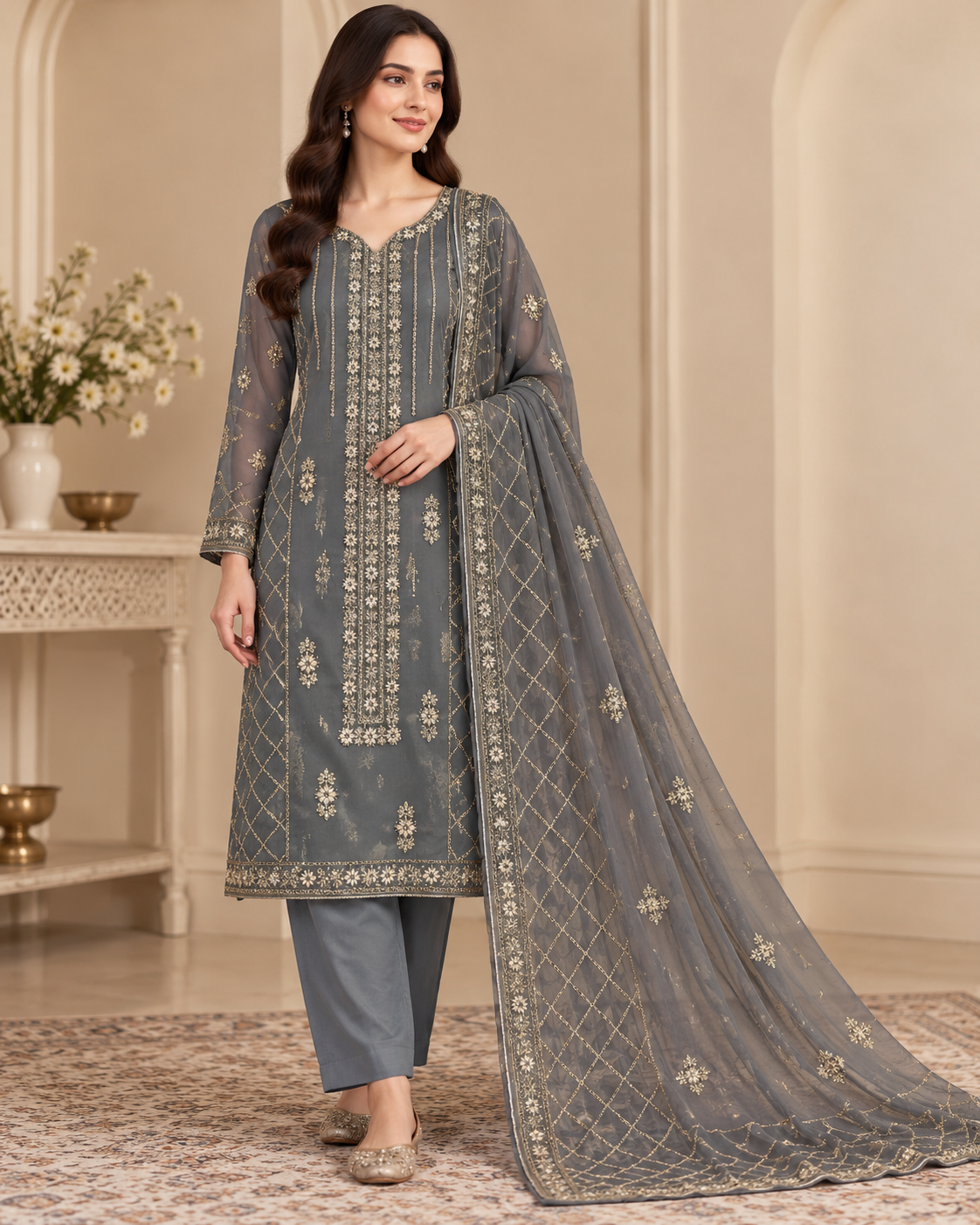 Charcoal Grey Golden Floral Embroidered Chiffon 3 Piece Unstitched Suit