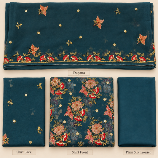 Deep Teal Blue Multicolor Floral Embroidered Chiffon 3 Piece Unstitched Suit
