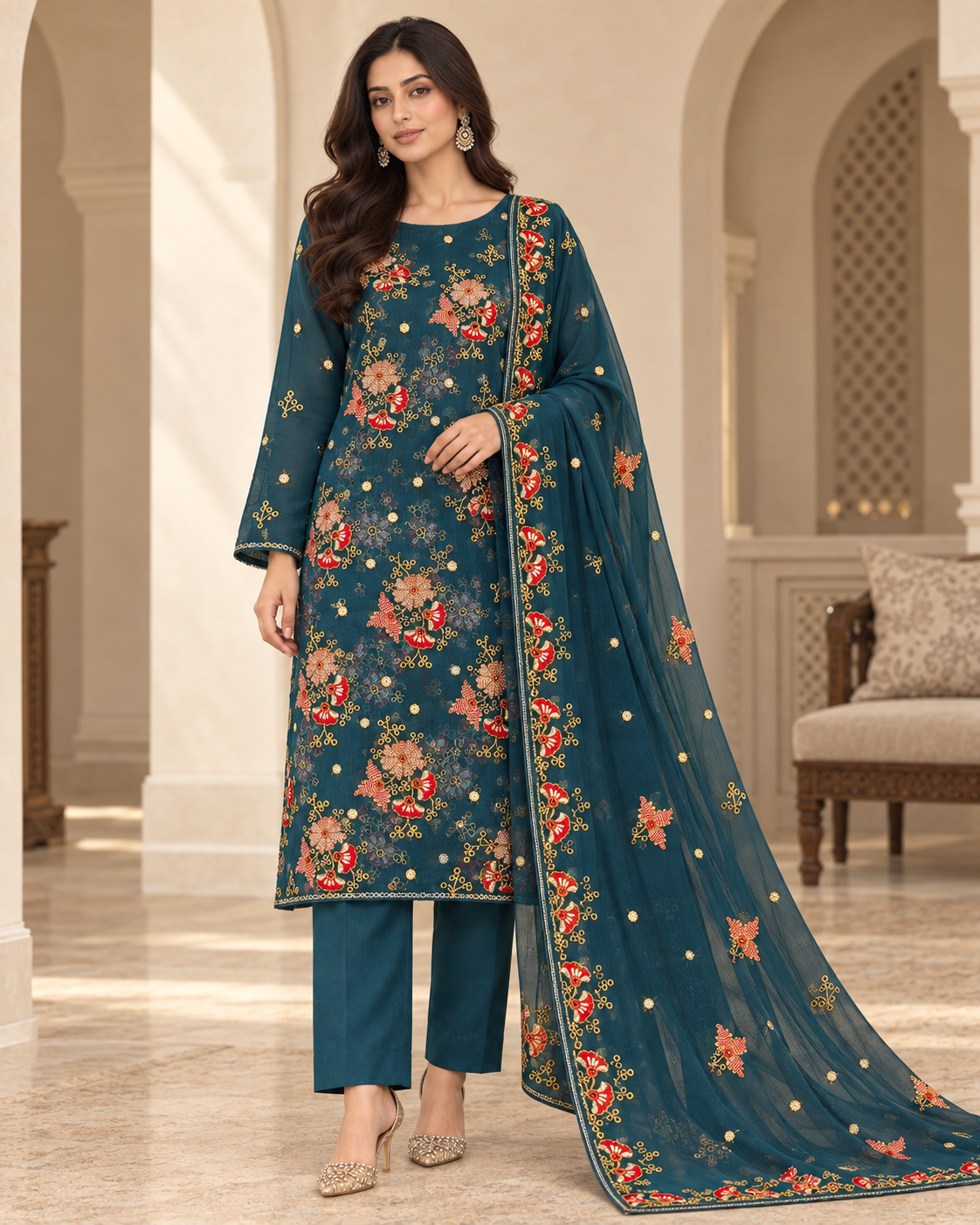 Deep Teal Blue Multicolor Floral Embroidered Chiffon 3 Piece Unstitched Suit
