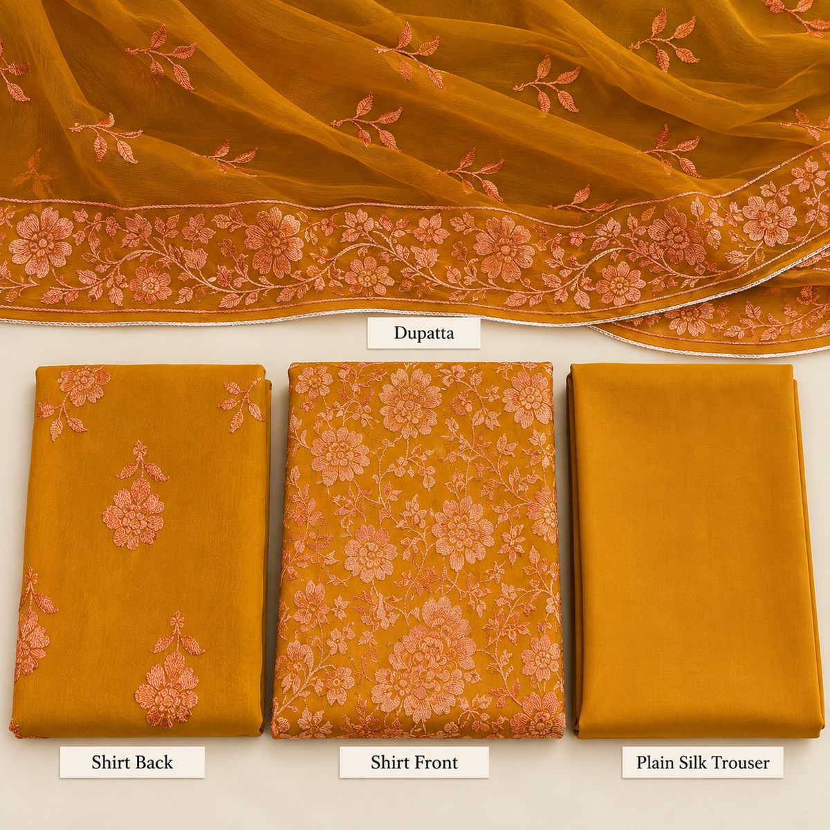 Mustard Orange Peach Floral Embroidered Chiffon 3 Piece Unstitched Suit