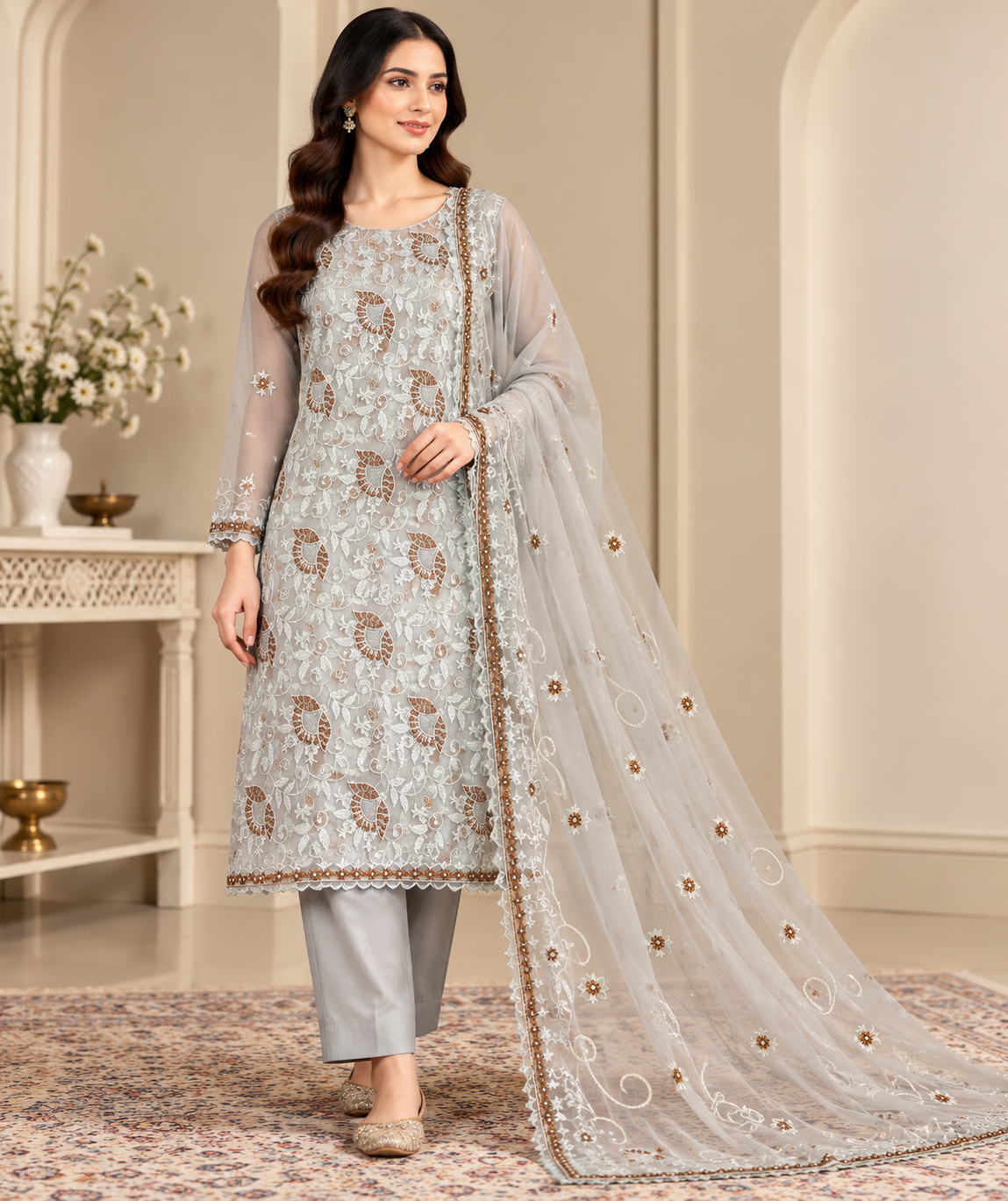 Silver Grey White and Golden Floral Embroidered Chiffon 3 Piece Unstitched Suit