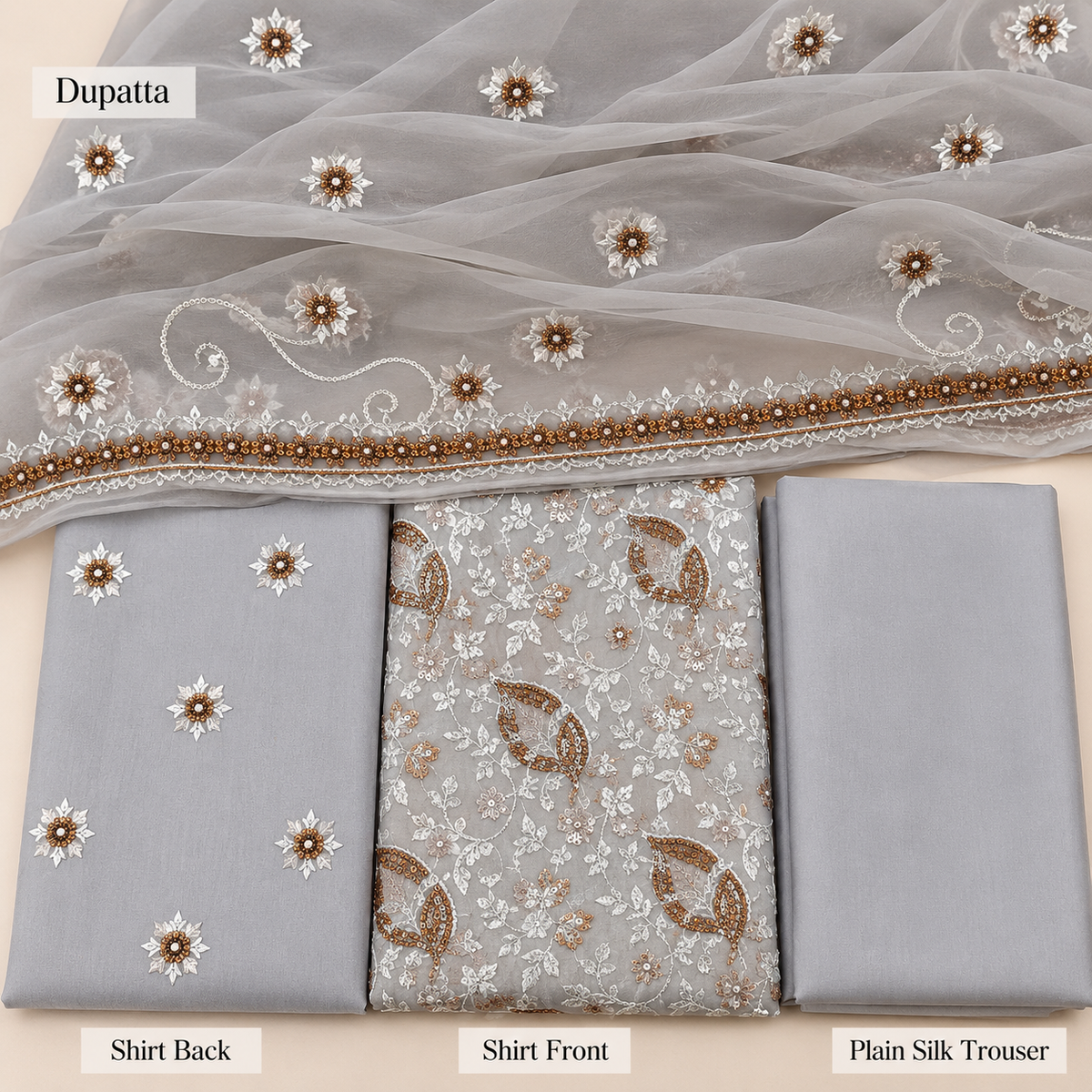 Silver Grey White and Golden Floral Embroidered Chiffon 3 Piece Unstitched Suit