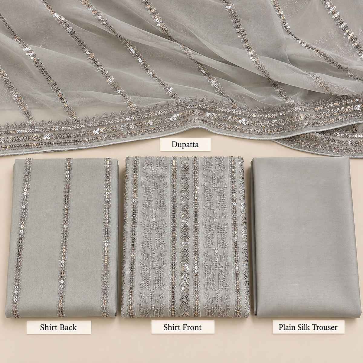 Silver Grey Shimmering Silver Embroidered Chiffon 3 Piece Unstitched Suit
