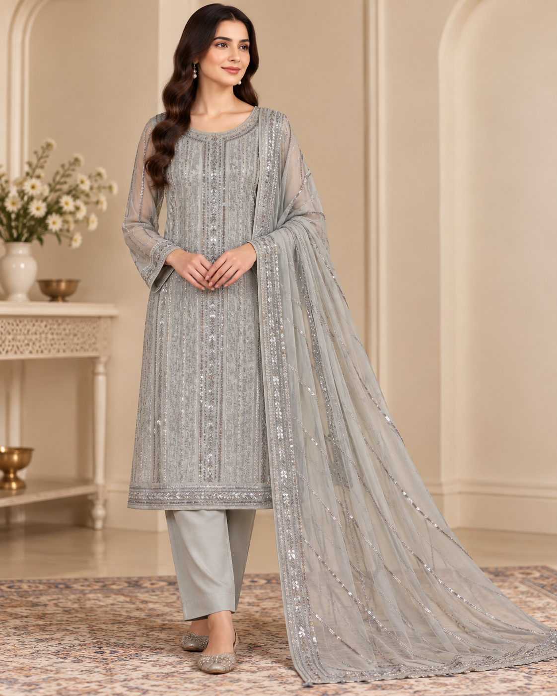 Silver Grey Shimmering Silver Embroidered Chiffon 3 Piece Unstitched Suit