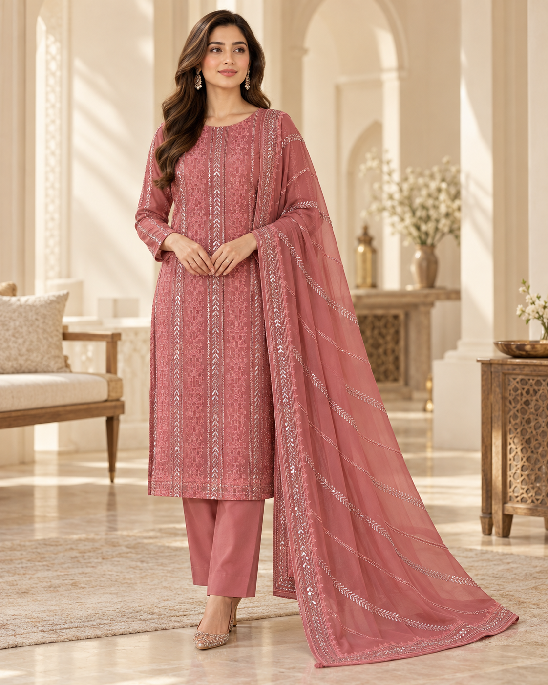 Dusty Rose Pink Silver Embroidered Chiffon 3 Piece Unstitched Suit