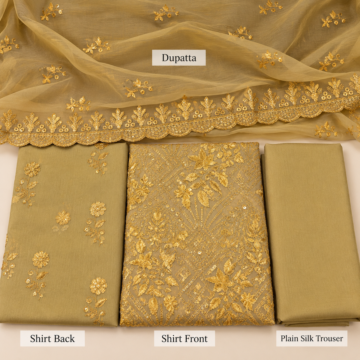 Mustard Gold Golden Floral Embroidered Chiffon 3 Piece Unstitched Suit
