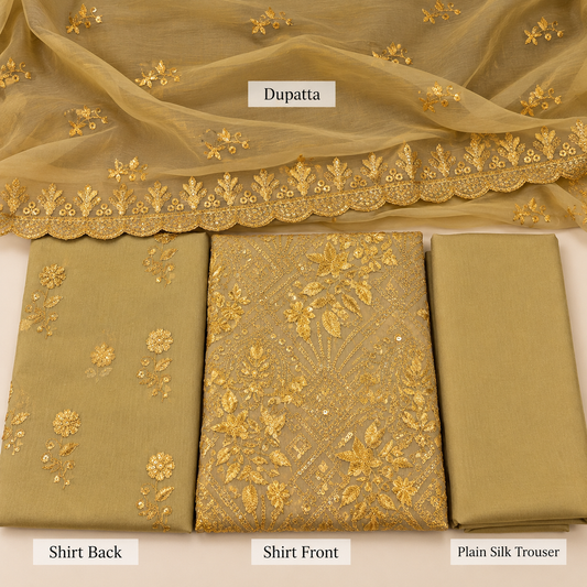 Mustard Gold Golden Floral Embroidered Chiffon 3 Piece Unstitched Suit