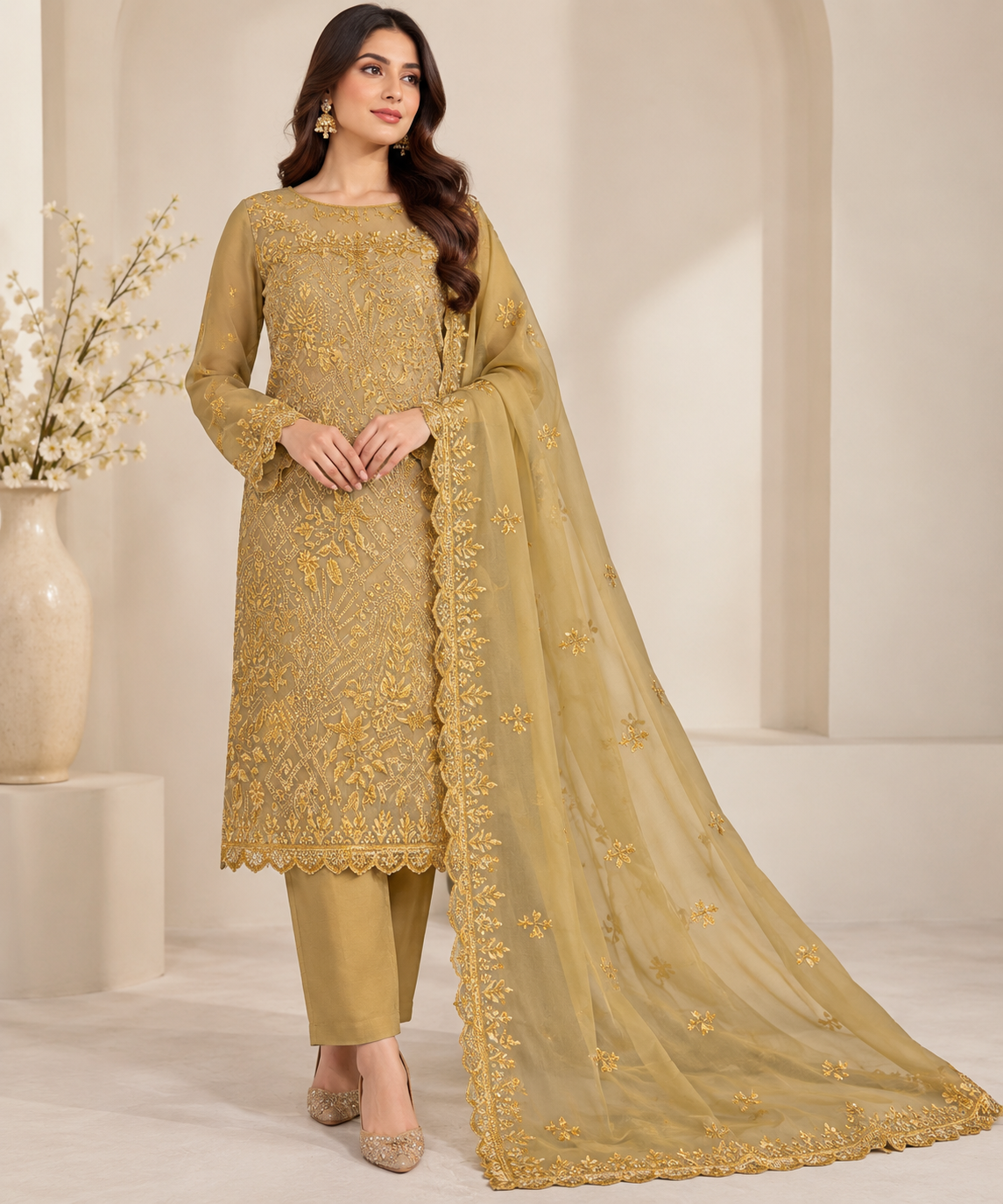 Mustard Gold Golden Floral Embroidered Chiffon 3 Piece Unstitched Suit