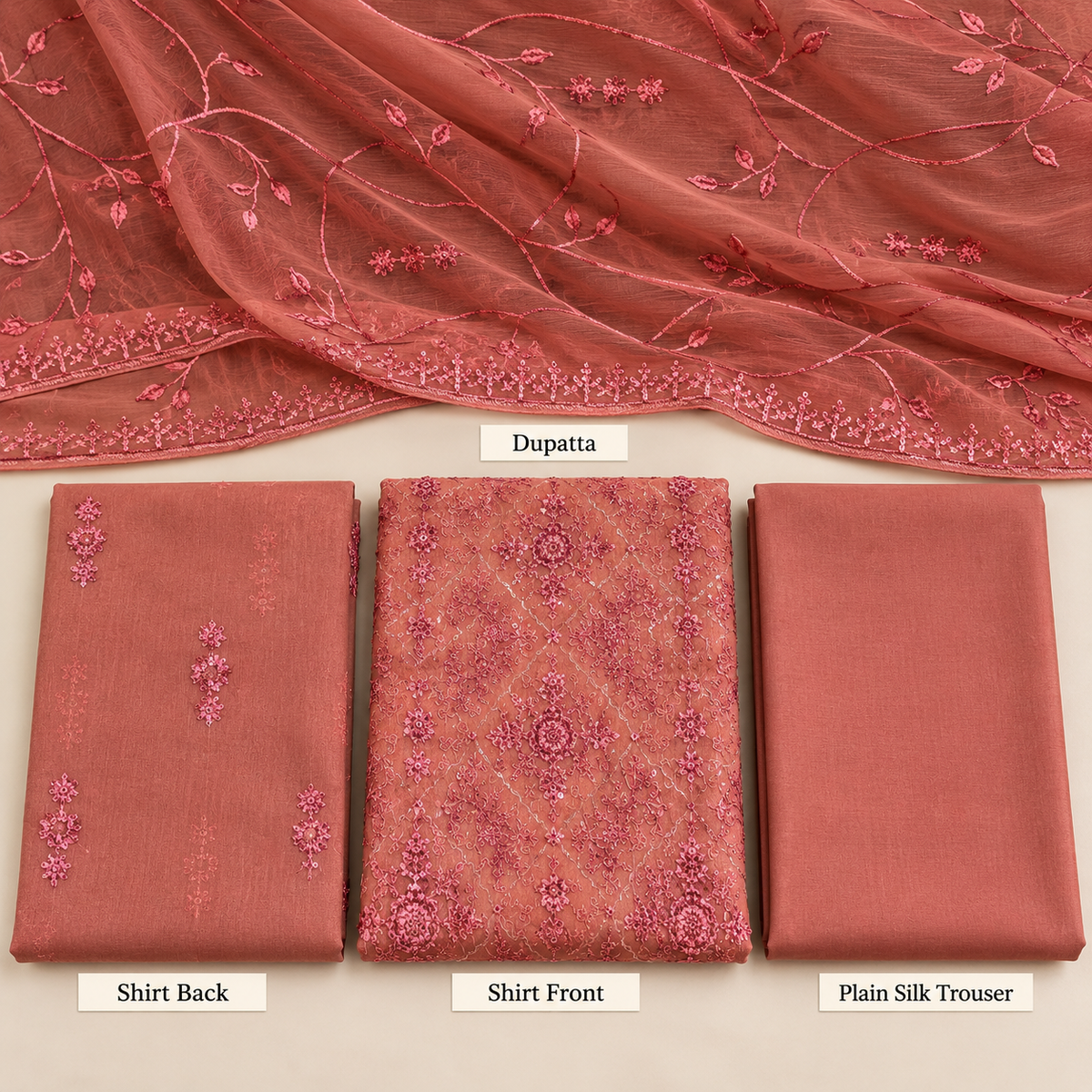 Dusty Coral Pink Floral Embroidered Chiffon 3 Piece Unstitched Suit