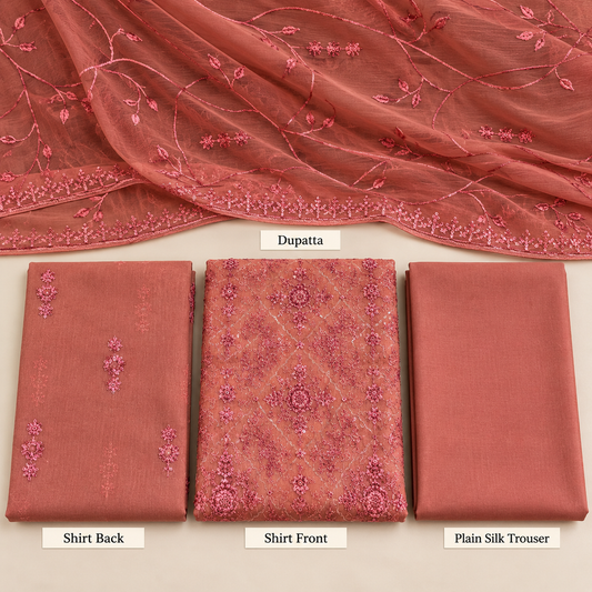 Dusty Coral Pink Floral Embroidered Chiffon 3 Piece Unstitched Suit