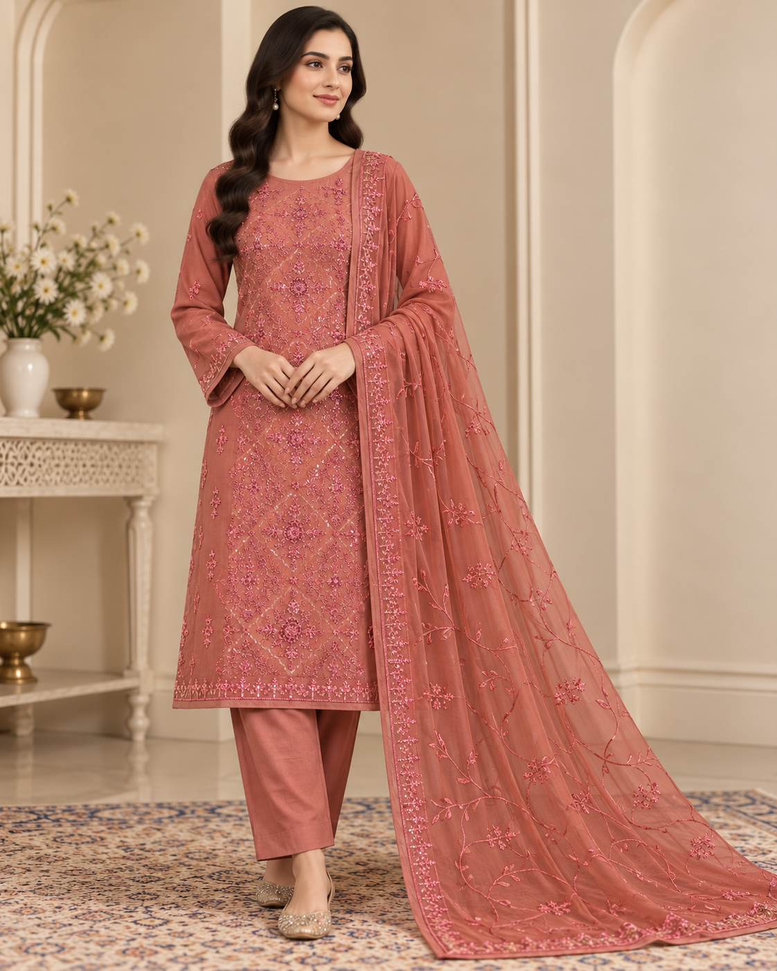 Dusty Coral Pink Floral Embroidered Chiffon 3 Piece Unstitched Suit