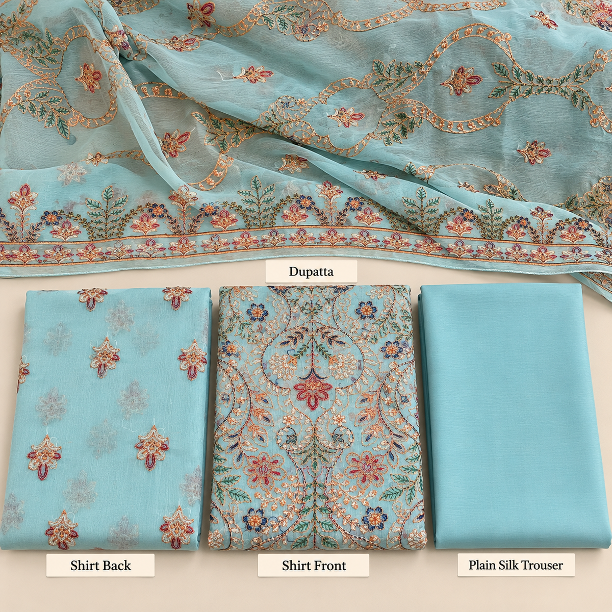 Sky Blue Multicolor Golden Floral Embroidered Chiffon 3 Piece Unstitched Suit