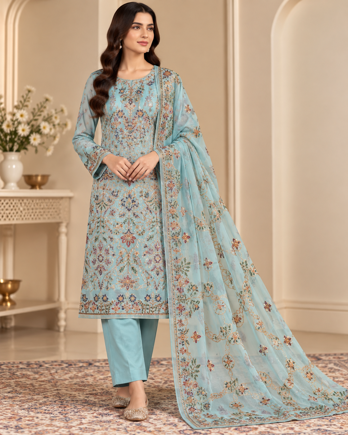 Sky Blue Multicolor Golden Floral Embroidered Chiffon 3 Piece Unstitched Suit