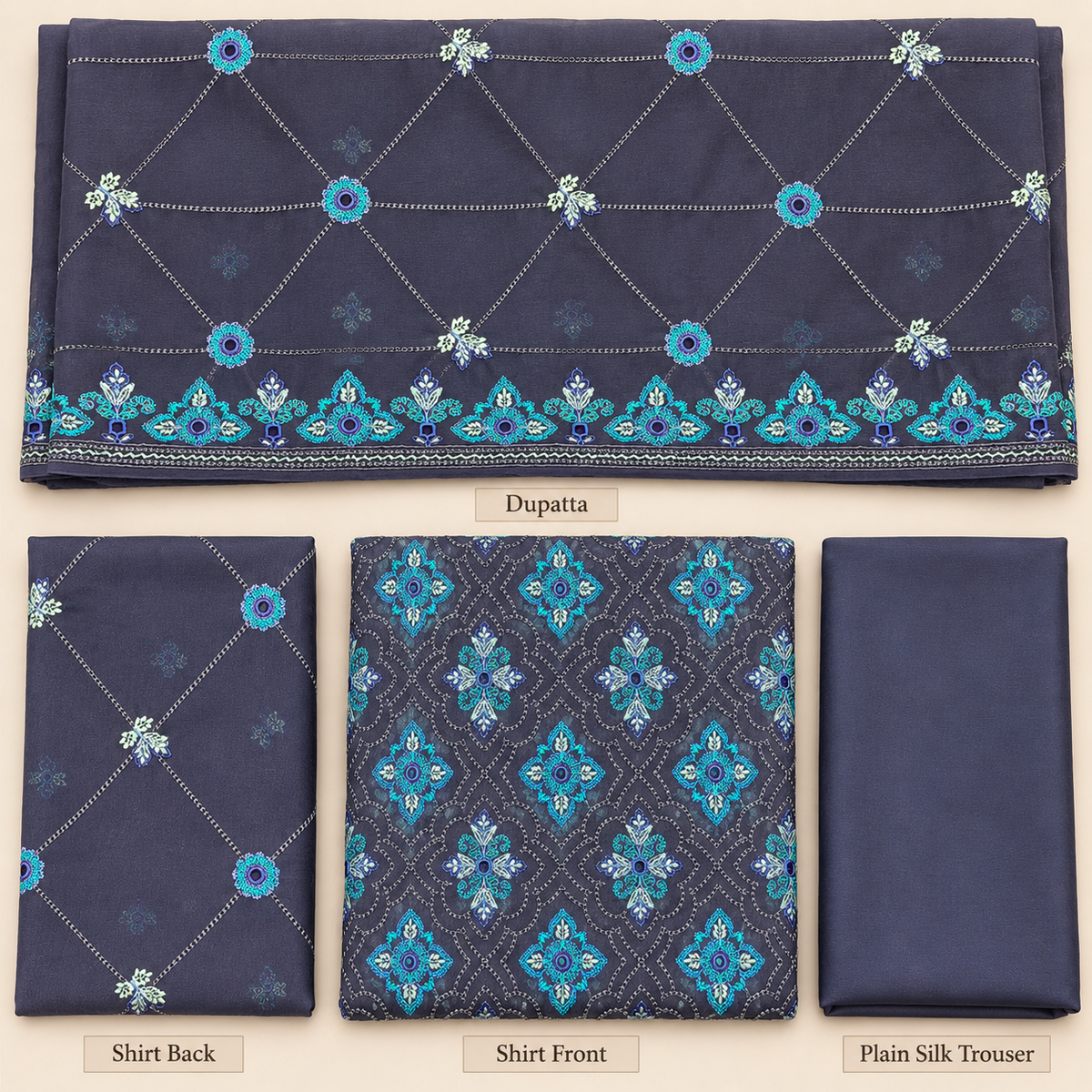 Midnight Navy Blue Turquoise Geometric Embroidered Chiffon 3 Piece Unstitched Suit