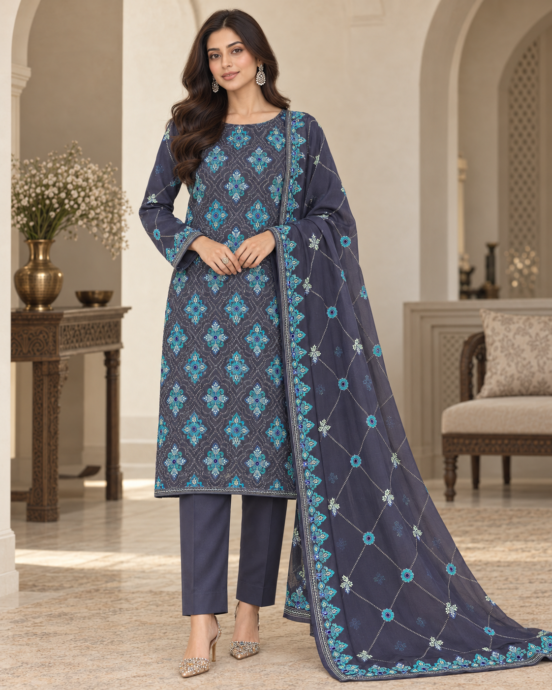 Midnight Navy Blue Turquoise Geometric Embroidered Chiffon 3 Piece Unstitched Suit