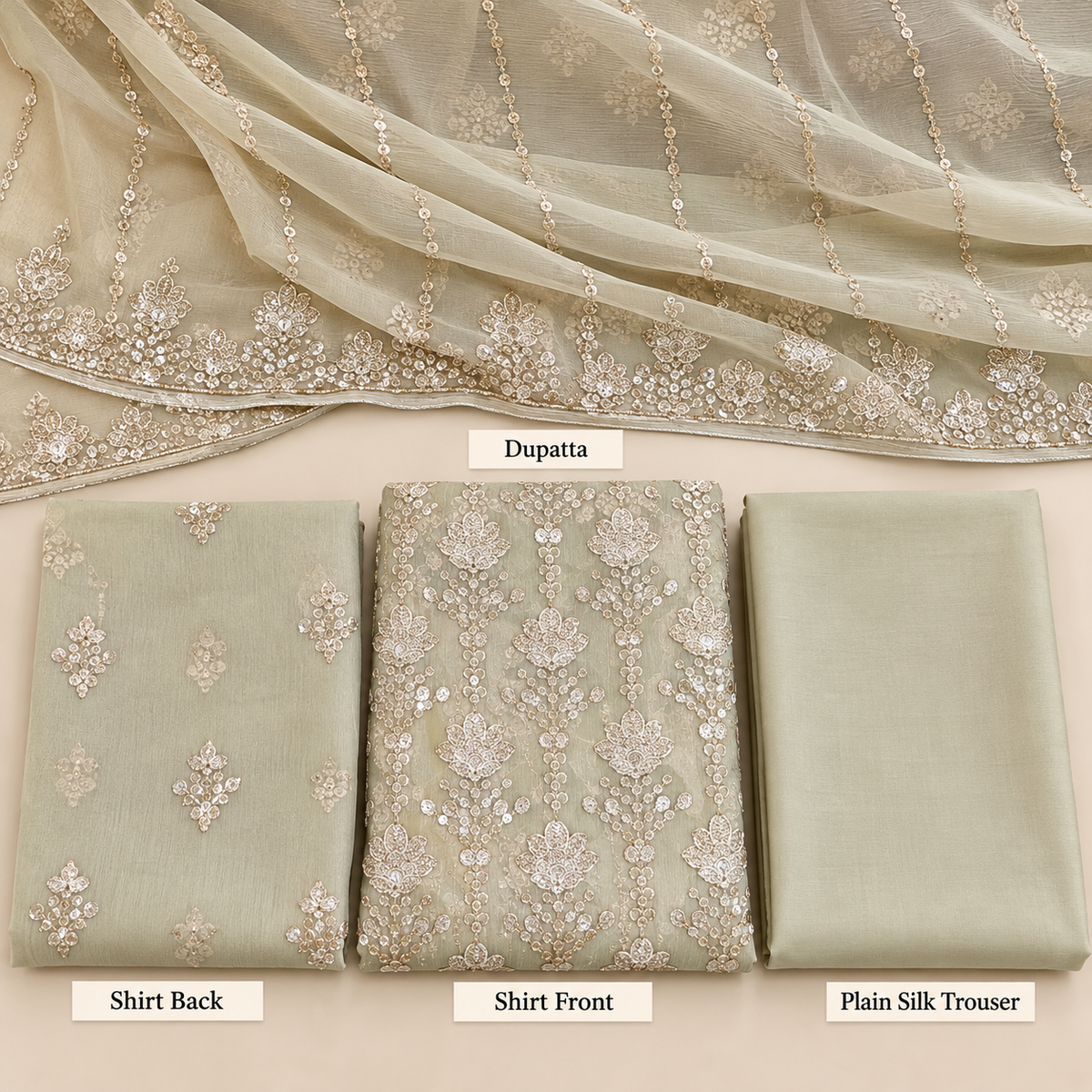 Champagne Beige Golden Floral Embroidered Chiffon 3 Piece Unstitched Suit