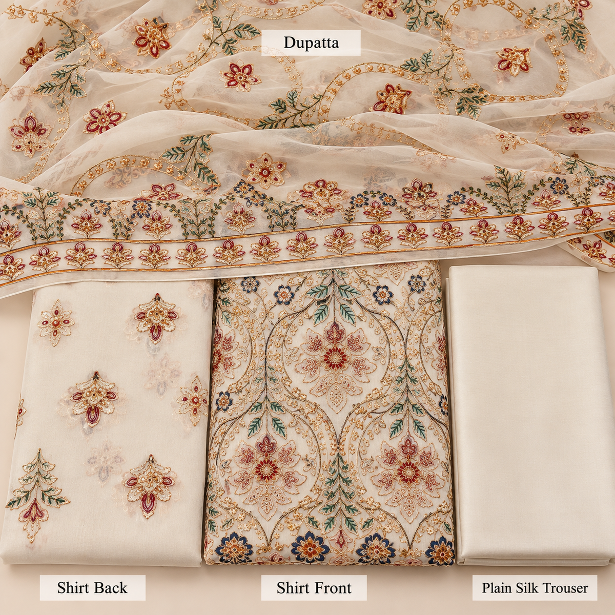 Ivory White Multicolor Golden Floral Embroidered Chiffon 3 Piece Unstitched Suit