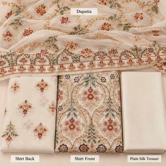 Ivory White Multicolor Golden Floral Embroidered Chiffon 3 Piece Unstitched Suit