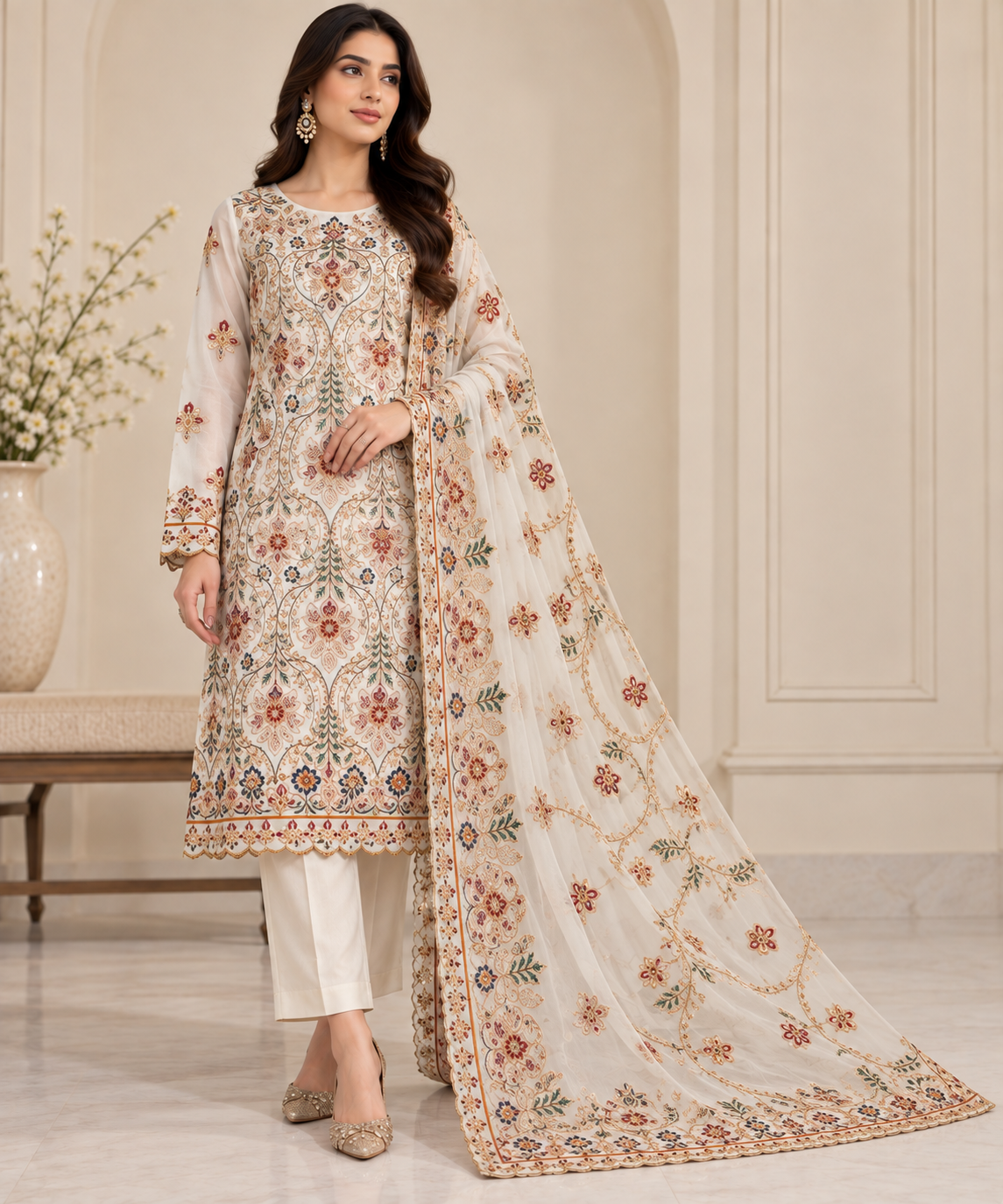 Ivory White Multicolor Golden Floral Embroidered Chiffon 3 Piece Unstitched Suit