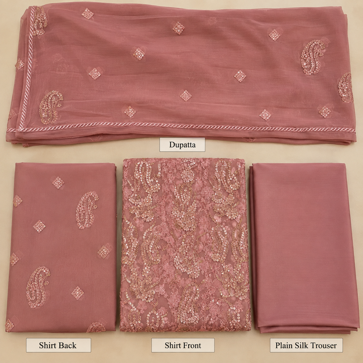 Dusty Rose Pink Golden Paisley Embroidered Chiffon 3 Piece Unstitched Suit