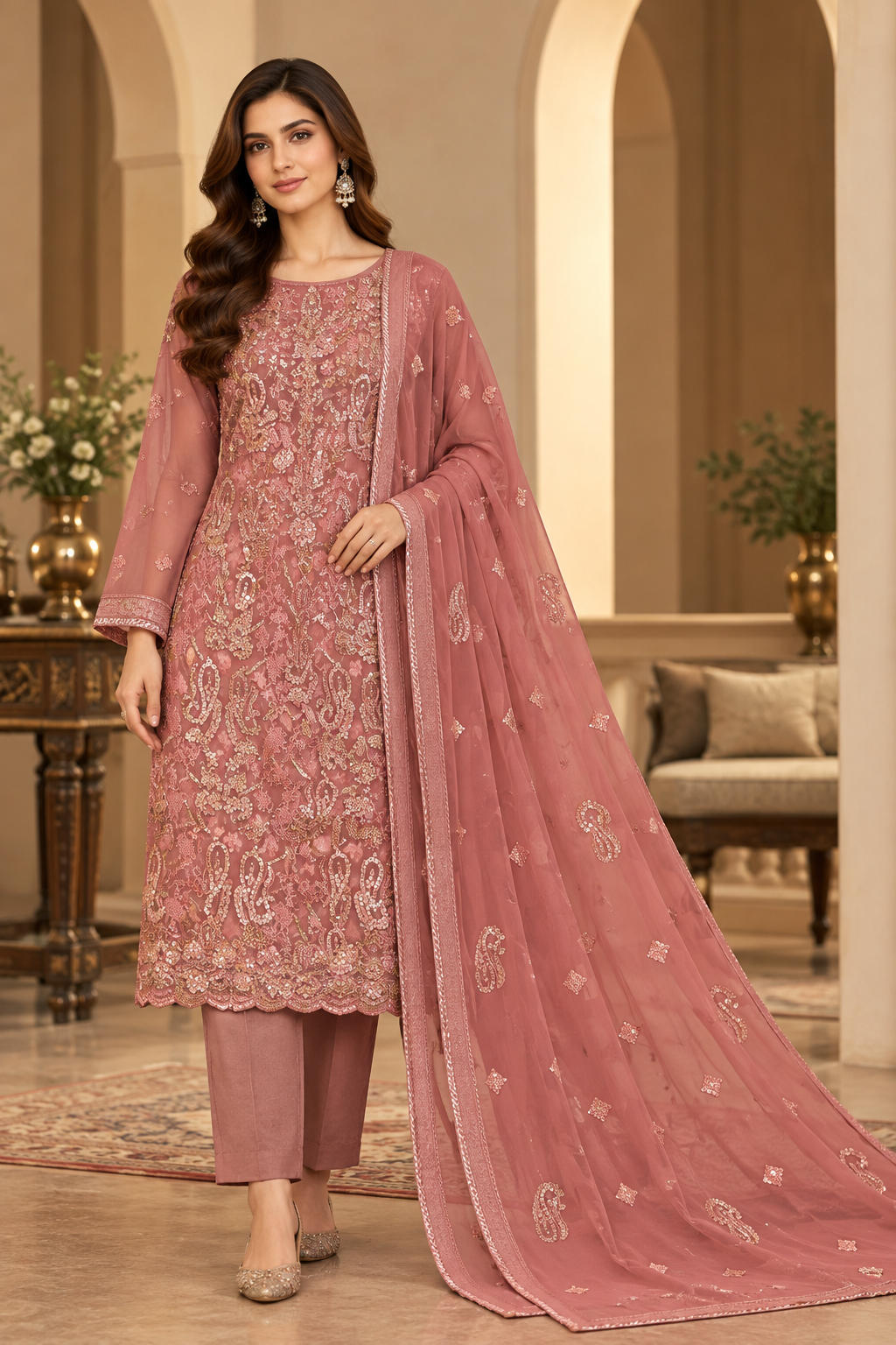 Dusty Rose Pink Golden Paisley Embroidered Chiffon 3 Piece Unstitched Suit
