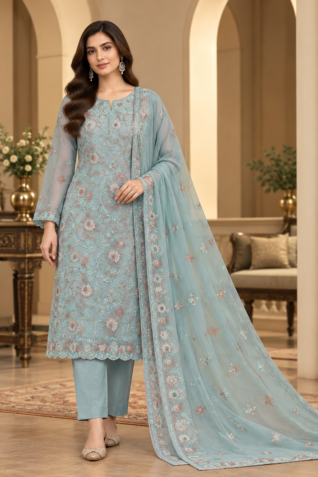 Dusty Sky Blue Rose Gold Floral Embroidered Chiffon 3 Piece Unstitched Suit