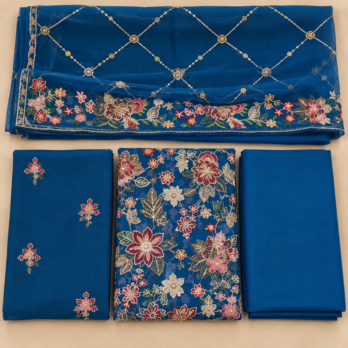 Royal Blue Multicolor Floral Embroidered Chiffon 3 Piece Unstitched Suit