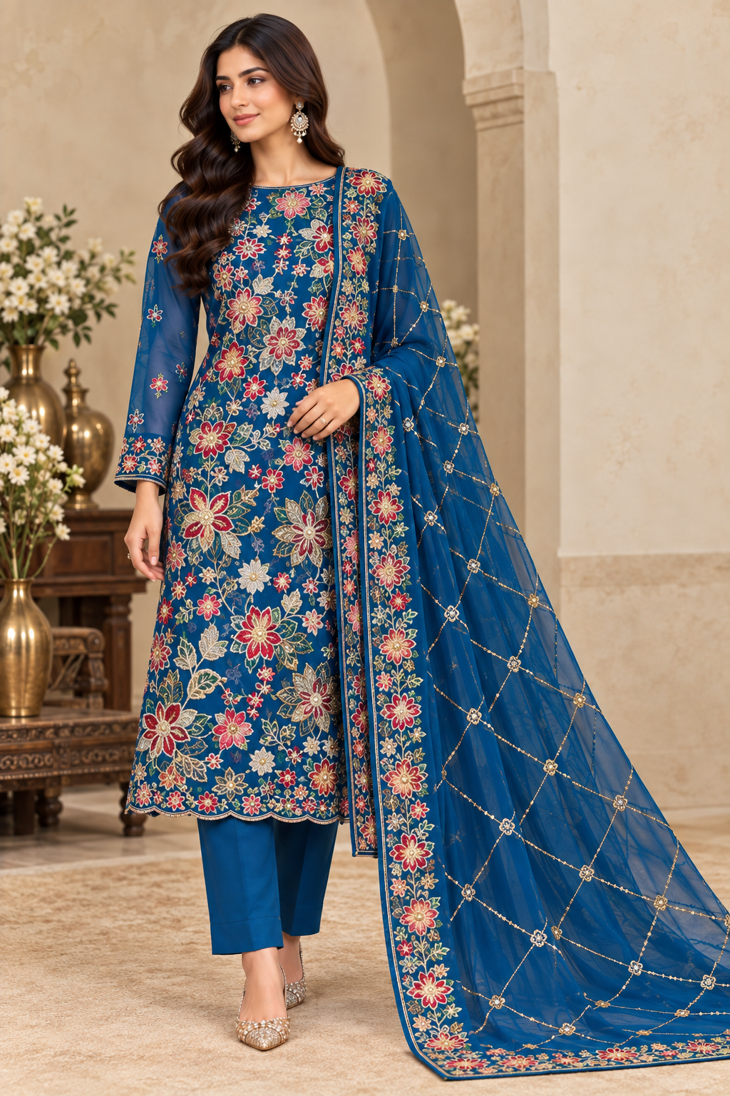 Royal Blue Multicolor Floral Embroidered Chiffon 3 Piece Unstitched Suit