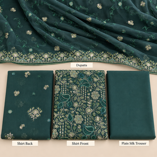 Deep Emerald Green Golden Floral Embroidered Chiffon 3 Piece Unstitched Suit