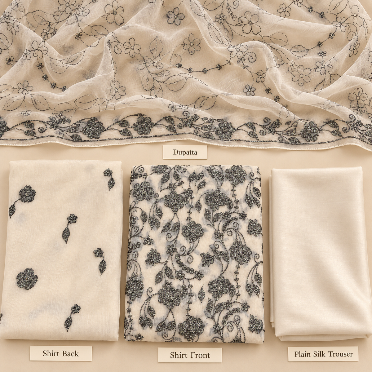 Ivory White Black Floral Embroidered Chiffon 3 Piece Unstitched Suit