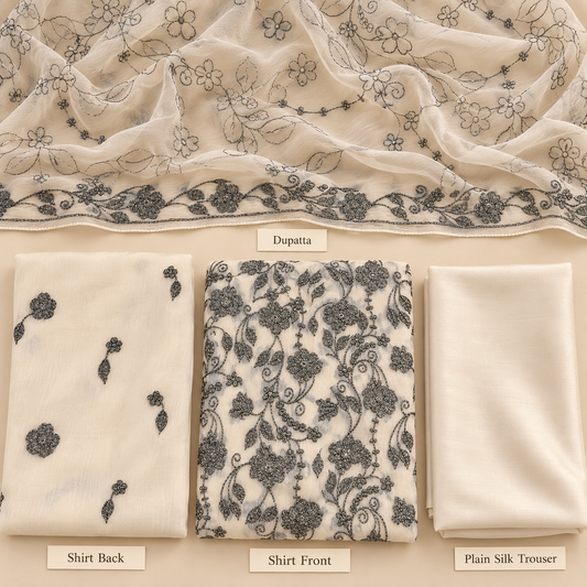 Ivory White Black Floral Embroidered Chiffon 3 Piece Unstitched Suit