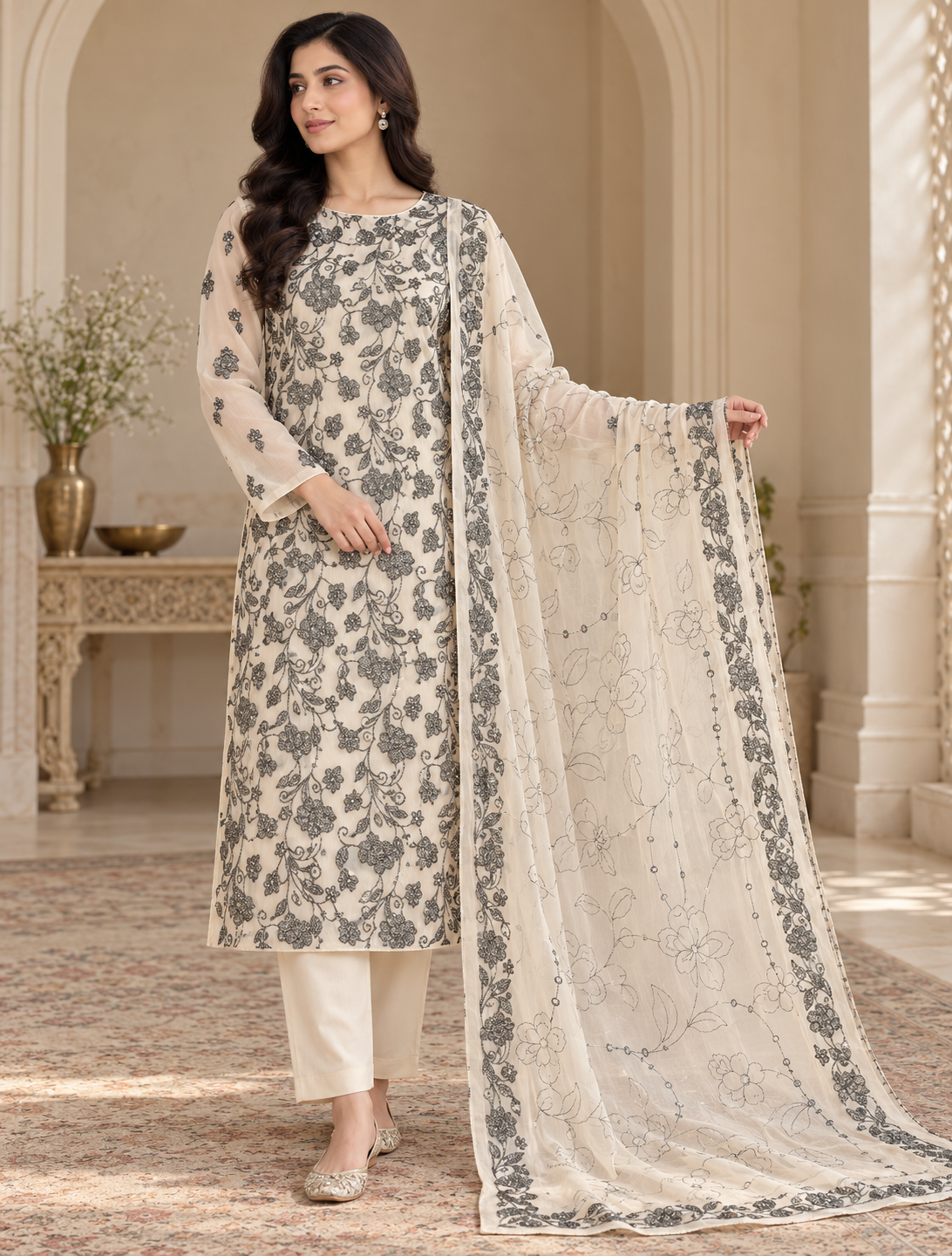 Ivory White Black Floral Embroidered Chiffon 3 Piece Unstitched Suit
