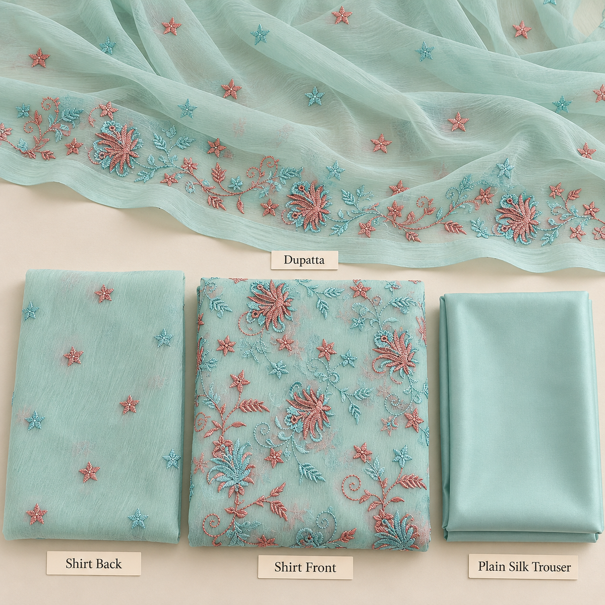 Mint Aqua Blue Coral Pink Floral Embroidered Chiffon 3 Piece Unstitched Suit