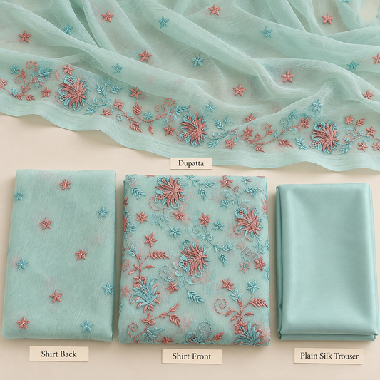 Mint Aqua Blue Coral Pink Floral Embroidered Chiffon 3 Piece Unstitched Suit