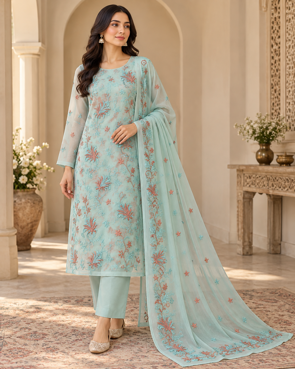 Mint Aqua Blue Coral Pink Floral Embroidered Chiffon 3 Piece Unstitched Suit