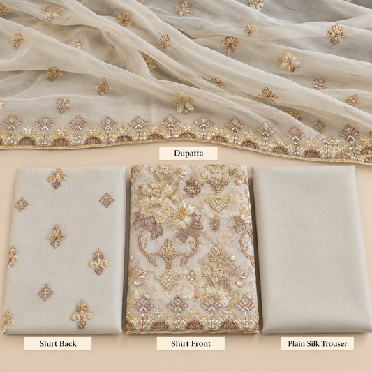 Ivory White Golden Floral Embroidered Chiffon 3 Piece Unstitched Suit
