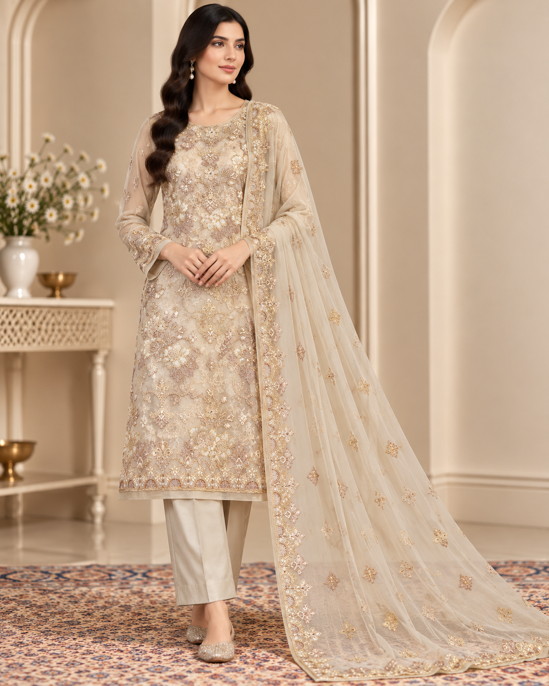 Ivory White Golden Floral Embroidered Chiffon 3 Piece Unstitched Suit