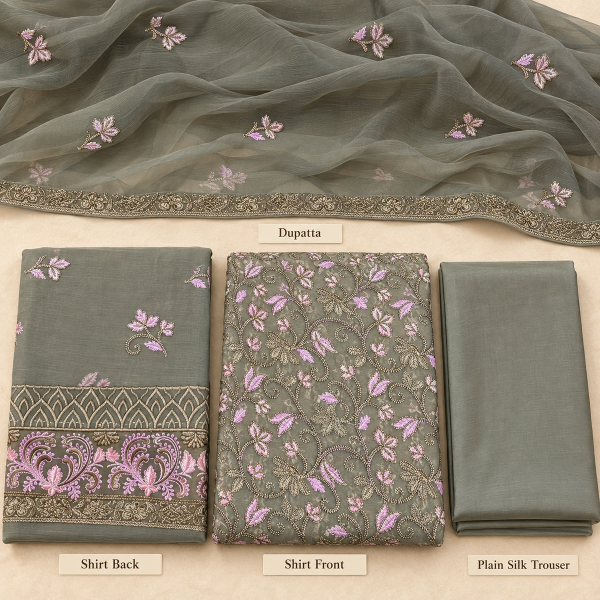 Olive Grey Pink Floral Embroidered Chiffon 3 Piece Unstitched Suit