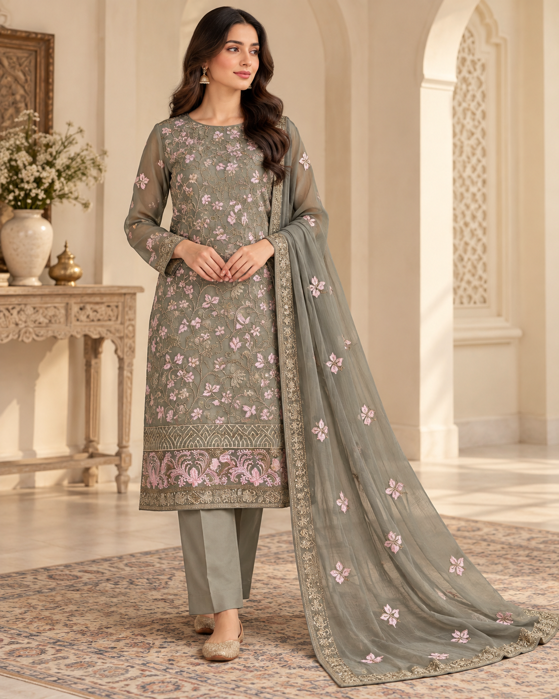Olive Grey Pink Floral Embroidered Chiffon 3 Piece Unstitched Suit