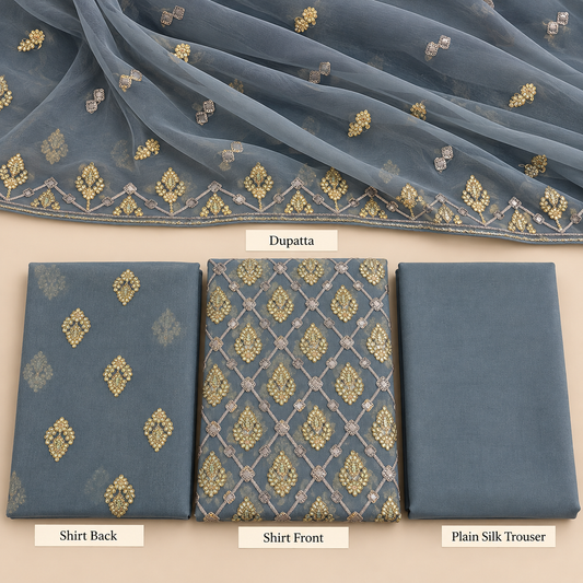Dusty Slate Blue Golden Geometric Embroidered Chiffon 3 Piece Unstitched Suit