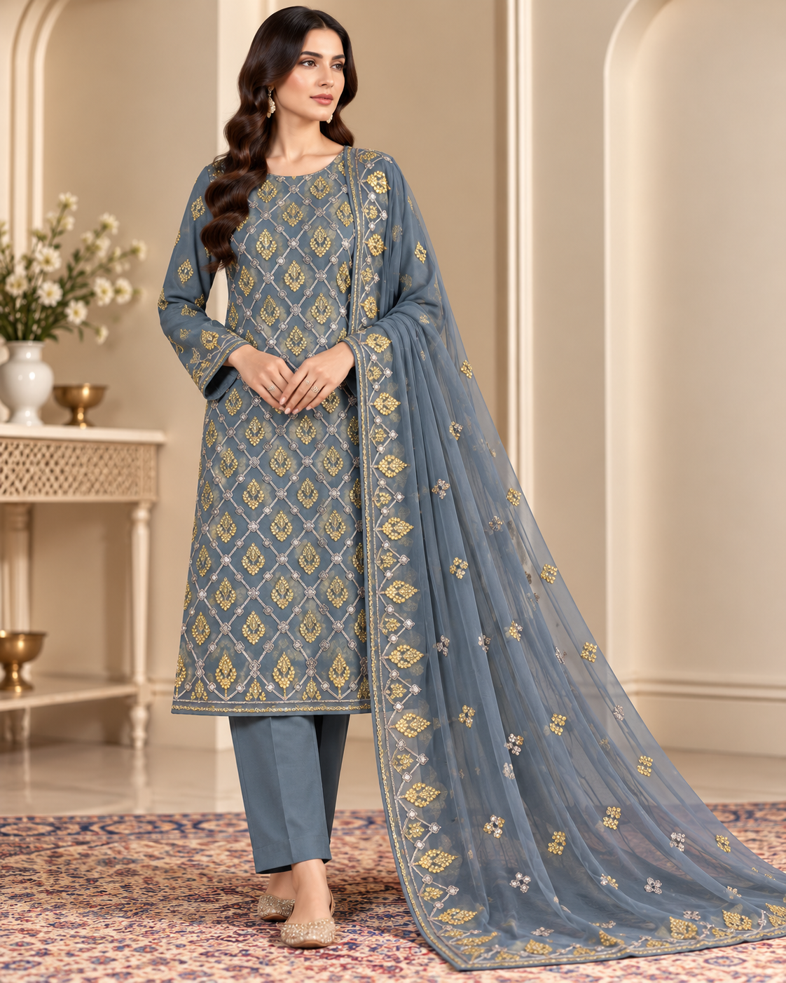 Dusty Slate Blue Golden Geometric Embroidered Chiffon 3 Piece Unstitched Suit