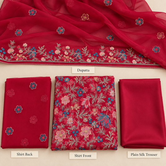 Deep Crimson Red Multicolor Floral Embroidered Chiffon 3 Piece Unstitched Suit