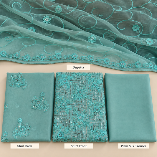 Aqua Teal Blue Floral Embroidered Chiffon 3 Piece Unstitched Suit