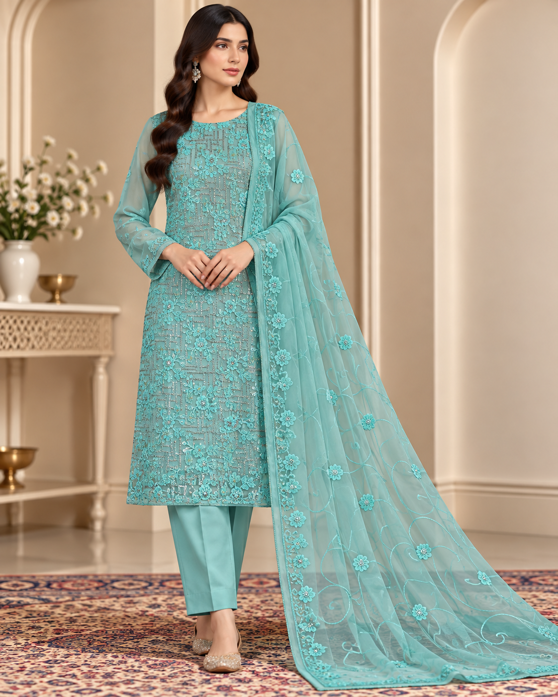 Aqua Teal Blue Floral Embroidered Chiffon 3 Piece Unstitched Suit