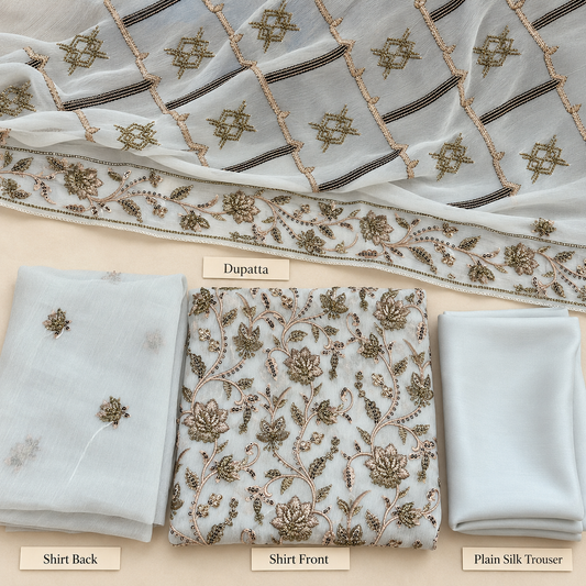Ice Blue Antique Gold Floral Embroidered Chiffon 3 Piece Unstitched Suit