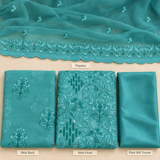 Deep Turquoise Teal Floral Embroidered Chiffon 3 Piece Unstitched Suit