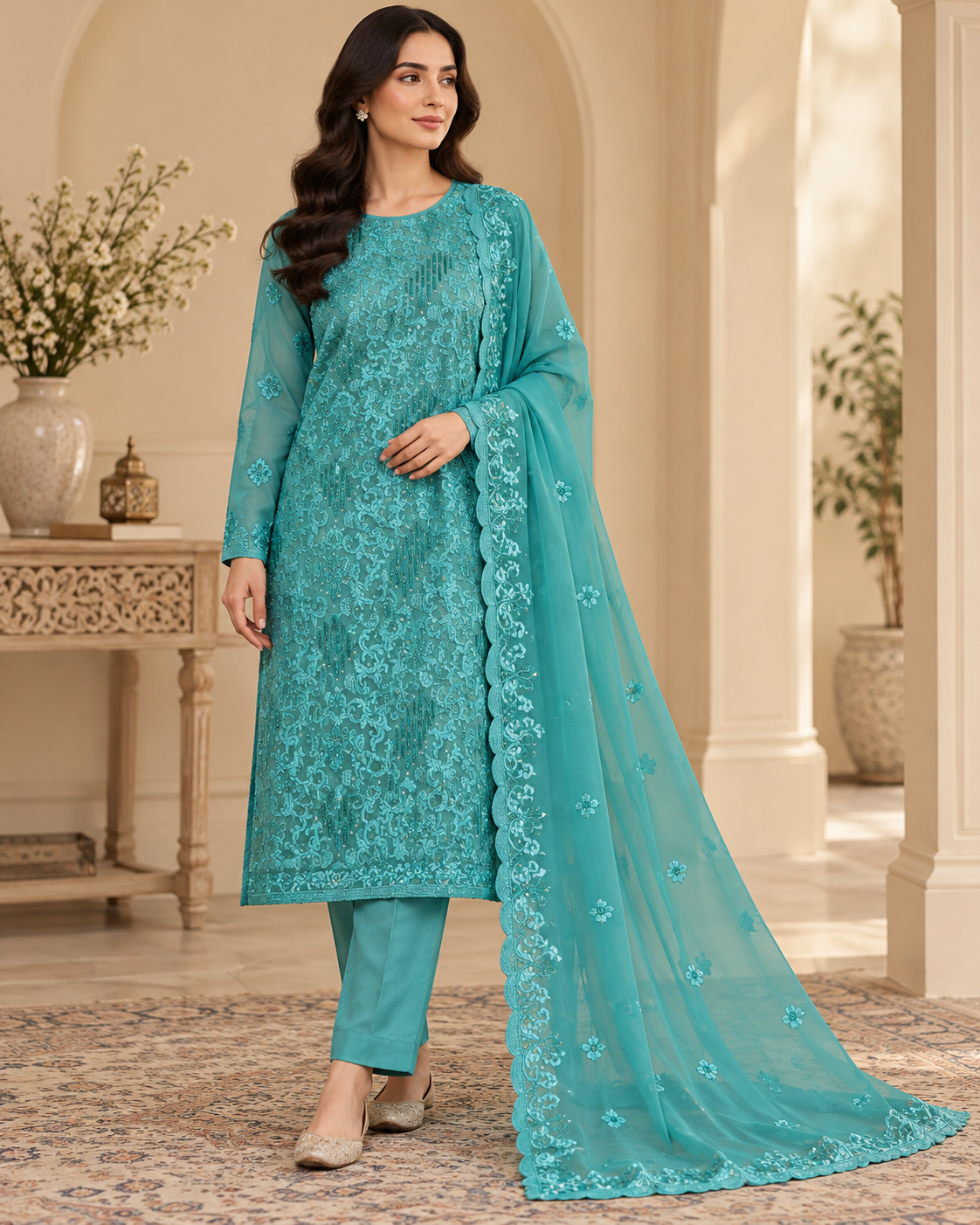 Deep Turquoise Teal Floral Embroidered Chiffon 3 Piece Unstitched Suit