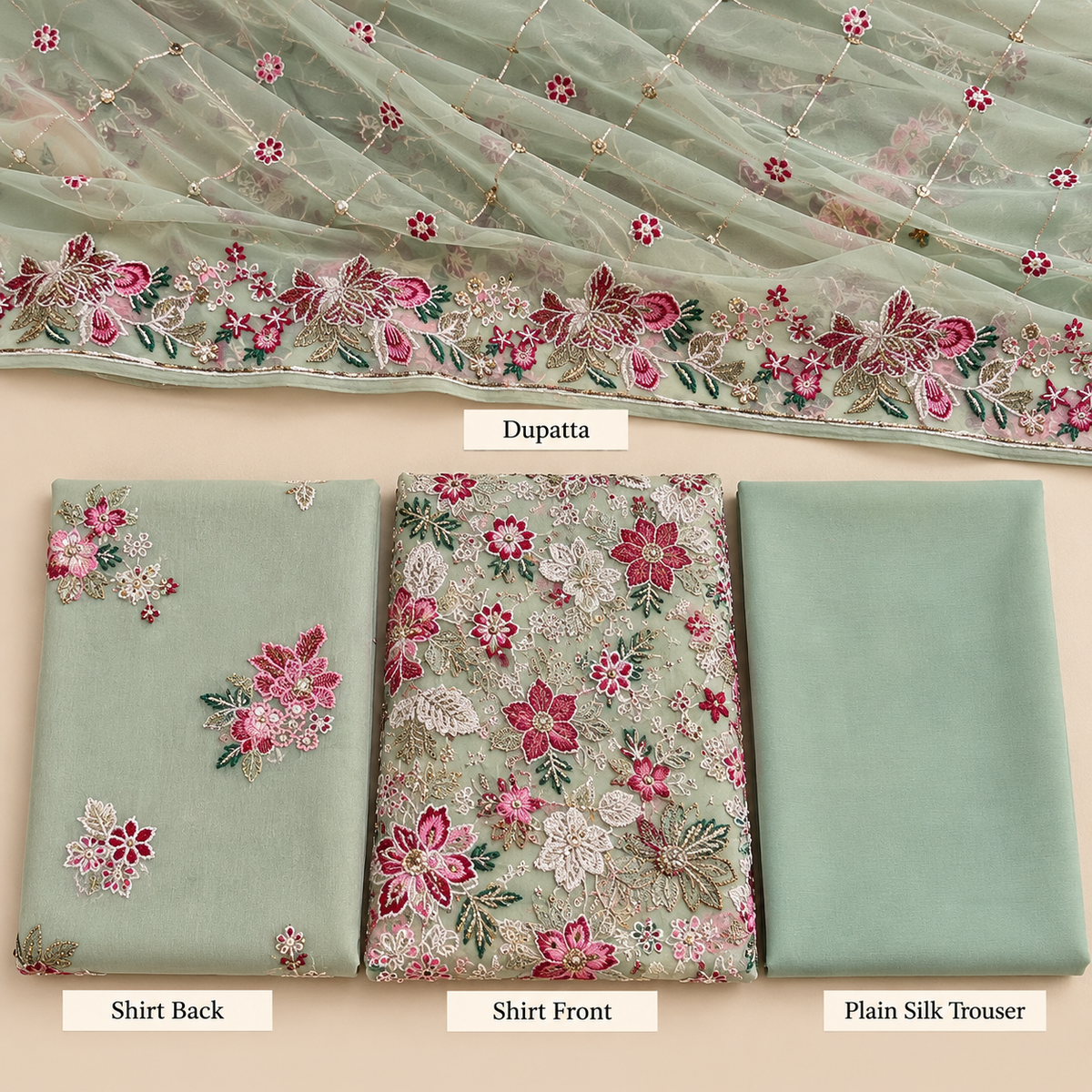 Sage Green Multicolor Floral Embroidered Chiffon 3 Piece Unstitched Suit