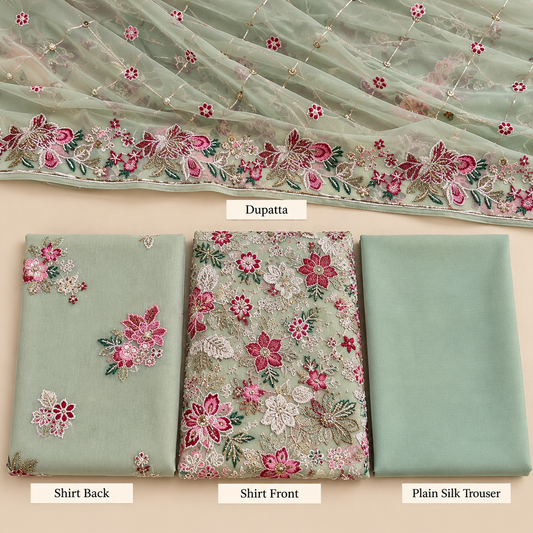 Sage Green Multicolor Floral Embroidered Chiffon 3 Piece Unstitched Suit